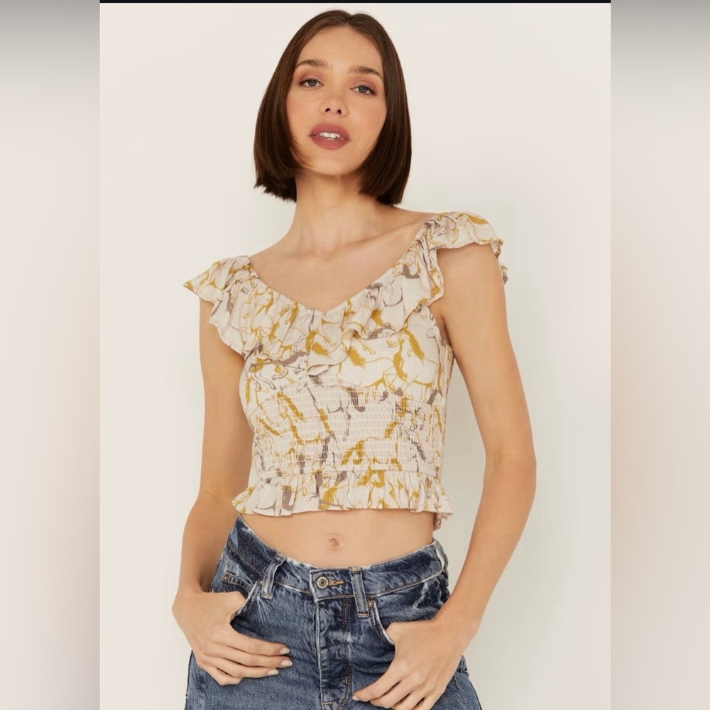 Rock & Roll Denim Women Horse Print Tank Sz M Beige/Olive Western Inspired